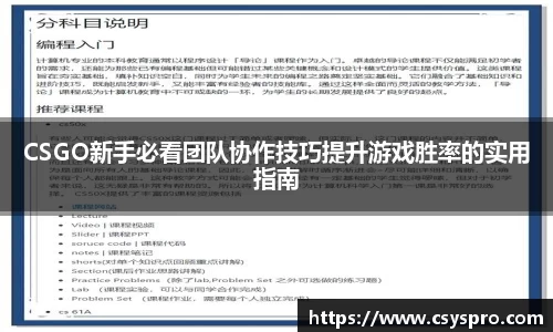 CSGO新手必看团队协作技巧提升游戏胜率的实用指南